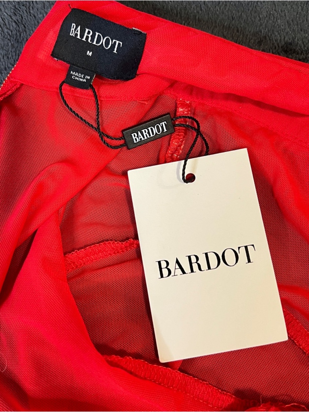 New Bardot Wms Aliyah Fire Red Sheer Ruched Crisscross L/S Coquette Midi Dress M - Picture 9 of 15